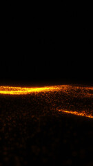 Golden glowing wave of particles on dark background. Elegant digital surface with warm light reflection.