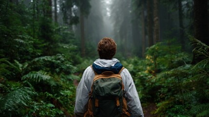 Naklejka premium Person hiking through misty forest.