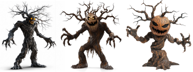 Three spooky, tree-like creatures with large, menacing eyes and twisted branches for limbs. One is a humanoid figure, another is a pumpkin-like creature