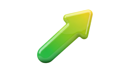Green glossy 3D arrow icon symbolizing upward growth, progress, success, and financial market improvement. isolated PNG with Transparent Background