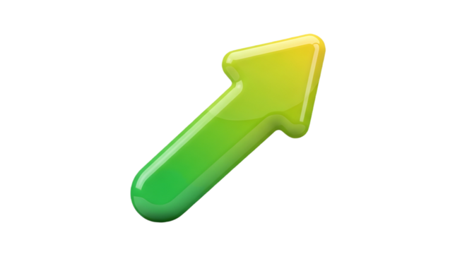 Green glossy 3D arrow icon symbolizing upward growth, progress, success, and financial market improvement. isolated PNG with Transparent Background