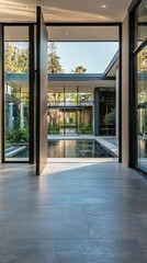 A large open patio with a water feature