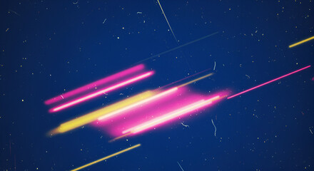 Retro futuristic glowing light trails on dark blue textured background