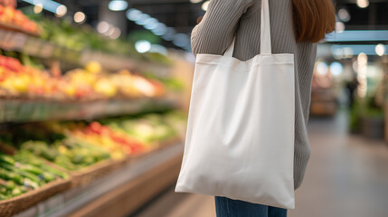 Woman shopping with a reusable bag in a vibrant grocery store