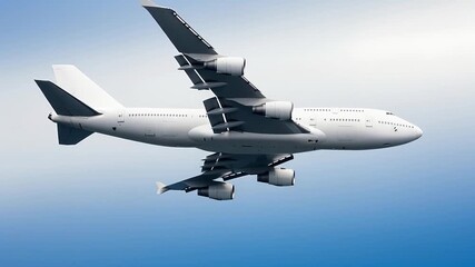 White passenger airplane Boeing 747 flying above the clouds in a blue sky background. Low angle double decker aircraft with four engine. Modern passenger jet airplane.