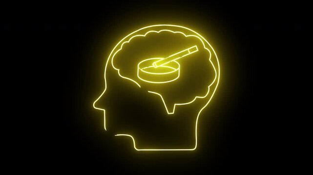 Yellow neon outline of a head with a brain containing an ashtray and cigarette
