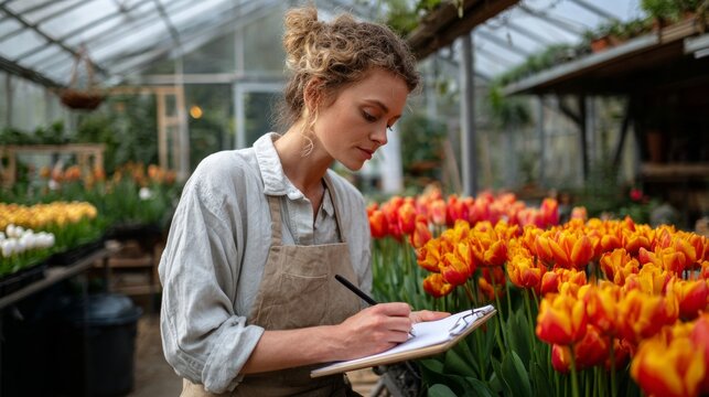 Woman writing in garden center.