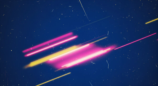 Retro futuristic glowing light trails on dark blue textured background