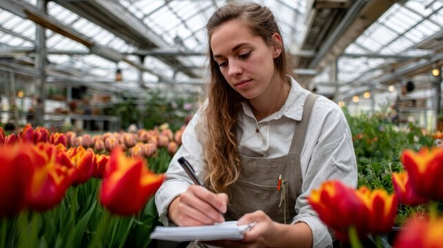 Woman writing in garden center. - Powered by Adobe