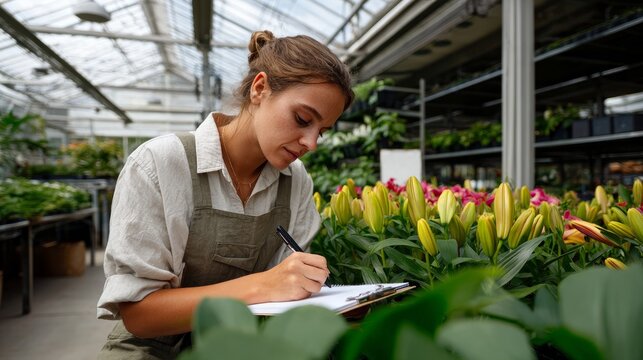 Woman writing in notebook at flower shop.