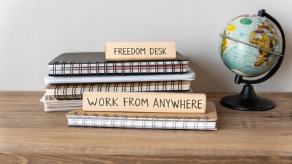 Freedom Desk for Remote Work with Globe and Notebooks on Wooden Surface