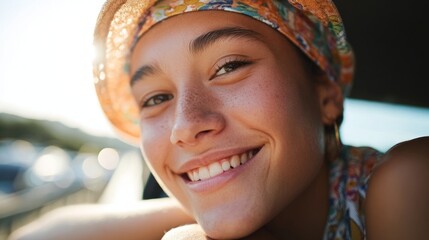 Woman wearing straw hat smiling at camera.