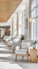 A large white room with a long row of windows