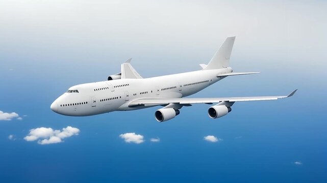 White passenger airplane Boeing 747 flying above the clouds in a blue sky background. Corner view high angle double decker aircraft with four engine. Modern passenger jet airplane.