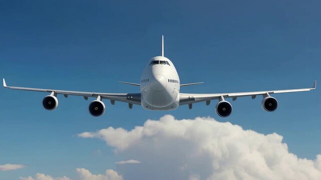 White passenger airplane Boeing 747 flying above the clouds in a blue sky background. Front view double decker aircraft with four engine. Modern passenger jet airplane.