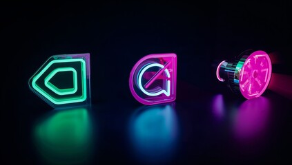 Modern neon icons glowing in vibrant green and pink on black, perfect for tech, design, or futuristic concepts with an eye-catching, contemporary aesthetic