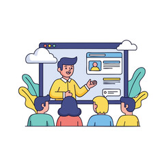 An illustrated scene depicts a virtual presentation with a smiling presenter on a screen, engaging a diverse group of people in a modern, colorful, and collaborative online learning environment.