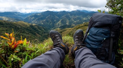 Man hiking in mountainous region with backpack.