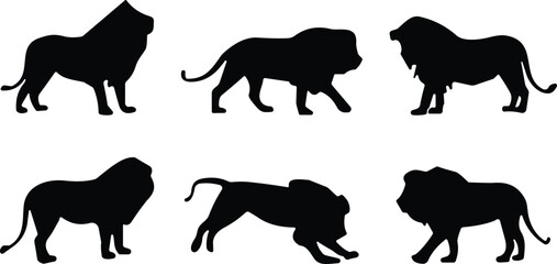 Lion silhouette collection, wild animal vector illustration, powerful predator poses, wildlife art design, safari theme, majestic big cat concept