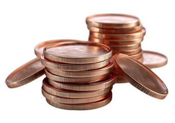 A stack of shiny copper coins on a white background, representing currency and financial elements.