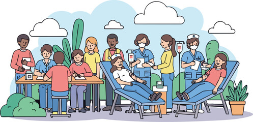 An illustration depicts a blood donation drive with medical professionals assisting donors in a medical center, showcasing the act of giving blood for a good cause and community health.