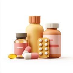 3D 비타민 병과 알약 일러스트
