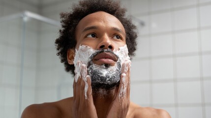 Man shaving his beard in bathroom mirror.