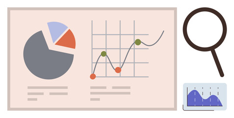 Pie chart and line graph represent statistical data analysis alongside a magnifying glass, symbolizing research. Ideal for business strategy, analytics, finance, statistics, education, reporting