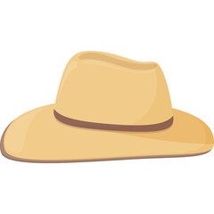 Flat icon of a tan cowboy hat with a dark brown band and a wide brim isolated on a white background with a transparent background cutout