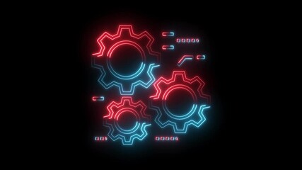 Neon gears rotating technology animation on black background futuristic concept for engineering solutions