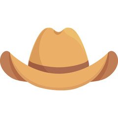 Flat illustration of a tan cowboy hat with a brown band isolated on a transparent white background symbolizing western wear and country style