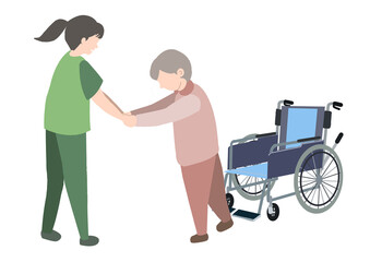 車椅子から降りて介護士の手を握り歩行練習をしている老人のカラーイラスト