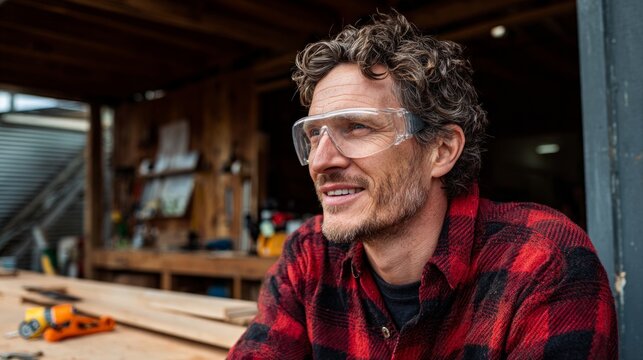 Man wearing glasses and plaid shirt sitting at wooden table in workshop.