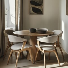 A table with four chairs and a bowl of fruit