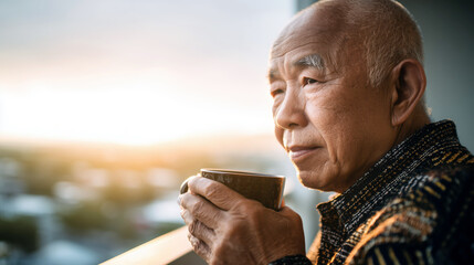 An elderly Asian man sits on a balcony savoring coffee while watching the sunrise. The beautiful cityscape provides a tranquil backdrop to his peaceful moment