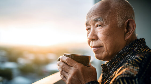 An elderly Asian man sits on a balcony savoring coffee while watching the sunrise. The beautiful cityscape provides a tranquil backdrop to his peaceful moment