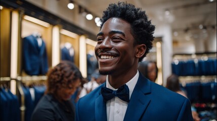 Obraz premium Man wearing blue suit and tie at a store display.