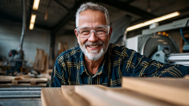 Older man in plaid shirt smiling at camera in wood shop. - Powered by Adobe