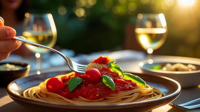 A hand twirls spaghetti with a fork, adorned with tomatoes, basil, and marinara sauce, near wine glasses
