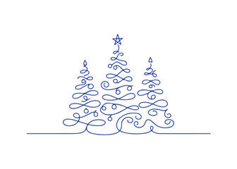 Ongoing line art. Christmas trees. blue on a white backdrop. Hand-drawn vector image
