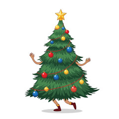Vector art of a decorated christmas tree with ornaments and a star on top runs with arms and legs