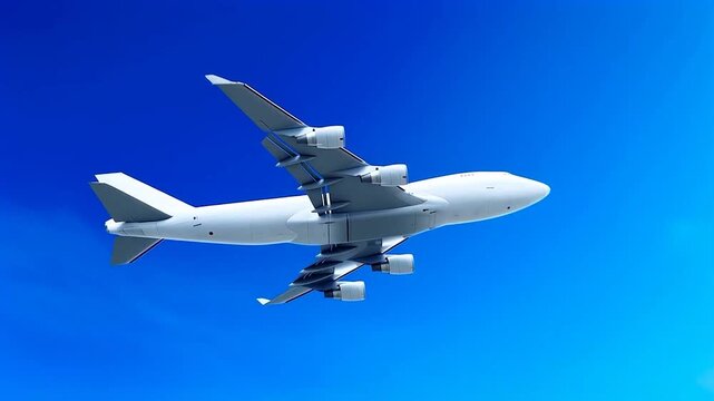 White cargo airplane Boeing 747 flying ascending above the clouds in a blue sky background. Low angle double decker aircraft with four engine. Modern passenger jet airplane.