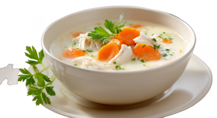 A bowl of creamy chicken soup with carrots and parsley, offering a comforting and delicious meal option.