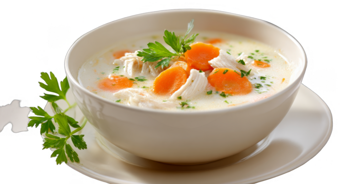 A bowl of creamy chicken soup with carrots and parsley, offering a comforting and delicious meal option.