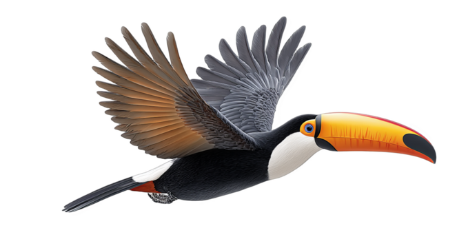 A vibrant toucan with large wings spread, flying, showcasing its colorful beak and plumage in mid-air.