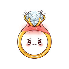 Vector art of cute cartoon diamond engagement ring with a sad face