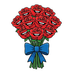 Vector art of a bouquet of happy cartoon red roses with smiling faces, tied with a blue bow