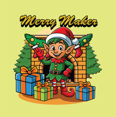 Cute illustration of Cheerful Christmas Elf in Vintage Style