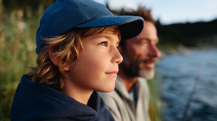 Father and son fishing together in nature.
