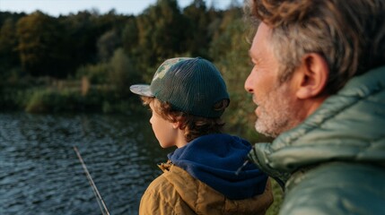 Father and son fishing together by a lake.